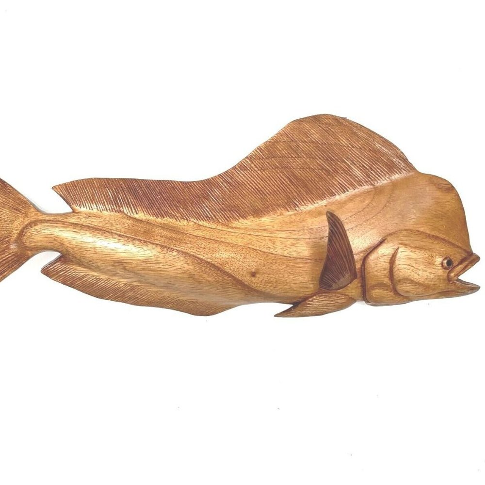 Lg Wood Hand Carved MAHI MAHI DOLPHIN Wall Art Sport Fishing Trophy Fishing Coll